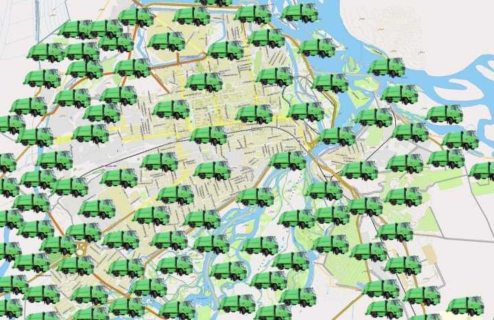 На картинке – карта Абакана и 200 мусоровозов